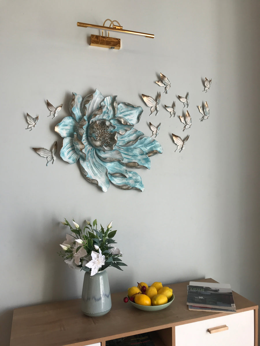 Soaring Flower and Butterflies Wall Decor in Blue and White