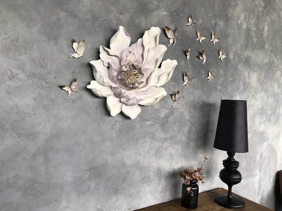 Soaring Flower and Butterflies Wall Decor in White & Pink